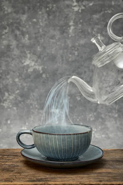 Abstract Close Tea Cup Teapot Pouring Steam — Foto Stock