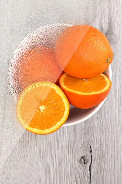 Fruta Cítrica Naranja Abstracta Vidrio Húmedo Con Gotas Agua —  Fotos de Stock