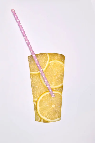 Lemonade Juicy Slices Lemon Paper Form Glass — Stock fotografie