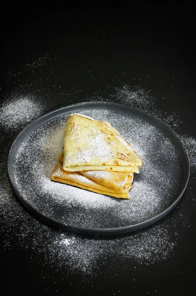 Breakfast Pancakes Sugar Black Background — Photo
