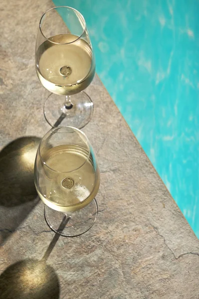 Closeup Summer White Wine Glass Pool — Photo