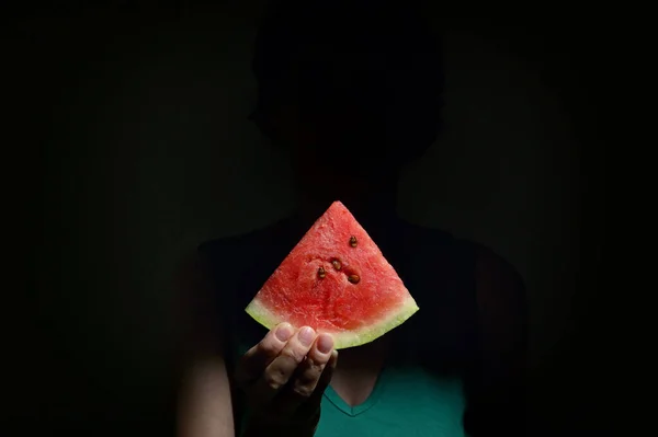 Woman Holding Slice Red Watermelon Studio — Stok fotoğraf