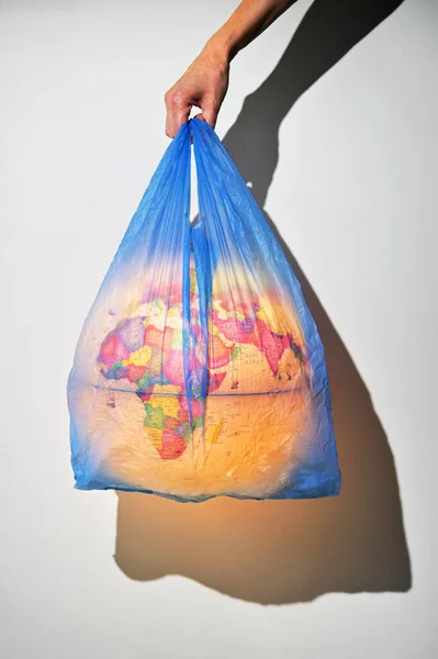 Concept Woman Holding Earth Globe Cover Plastic Waste Pollution — Foto de Stock