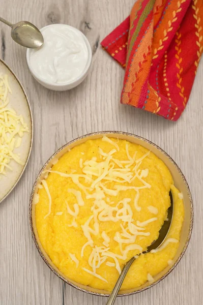 Polenta Corn Mais Flour Cream Cheese Table — Fotografie, imagine de stoc