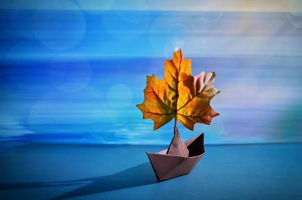 Abstract Paper Boat Maple Leaf Pond — стокове фото