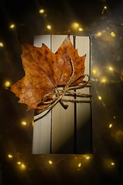 Podzimní Suchý List Zavřené Knihy Svázané Shora — Stock fotografie