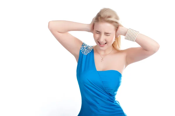 Young woman shouts on a white bg — Stock Photo, Image