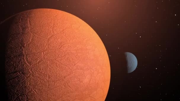 从太空的黑暗前方看自转的蓝色和橙色行星 — 图库视频影像