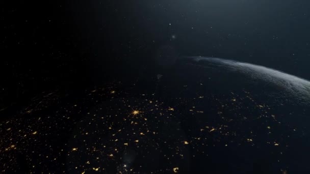 地球行星动画空间缩放旋转视图改变漆黑的夜晚背景 — 图库视频影像