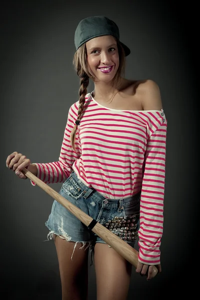 Smiling female with baselball bat — Stock Photo, Image