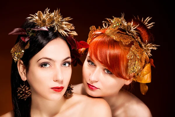 Retrato bonito de duas mulheres com estilo de cabelo luxuoso — Fotografia de Stock