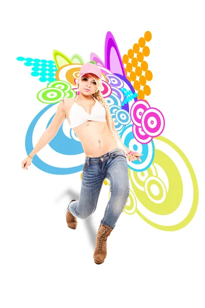 Sexy Blonde female dancer in front of illustration background — Stock Photo, Image