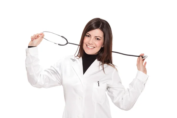 Atractiva doctora sobre fondo blanco aislado — Foto de Stock