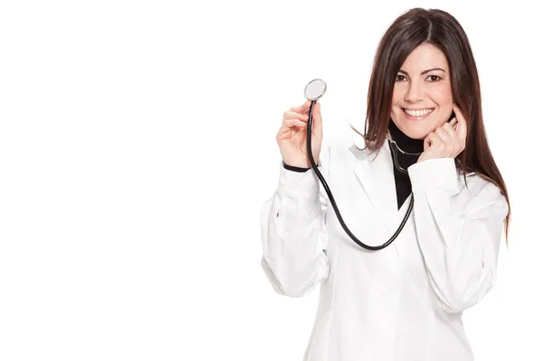 Atractiva doctora sobre fondo blanco aislado — Foto de Stock