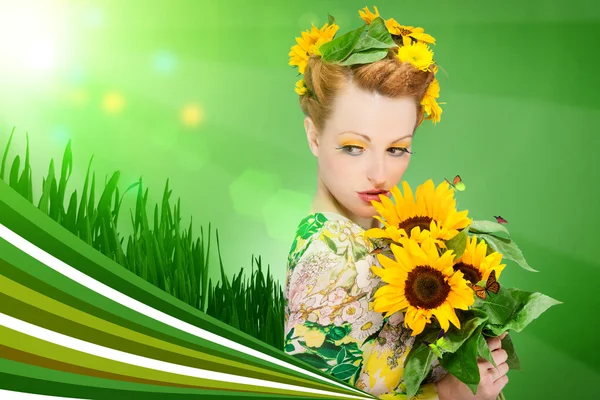 Summer Makup with sunflowers in the head — Stock Photo, Image