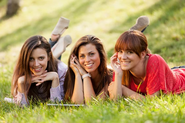 Tres mujeres sentadas en la hierba y mirando una tableta digital — Foto de Stock