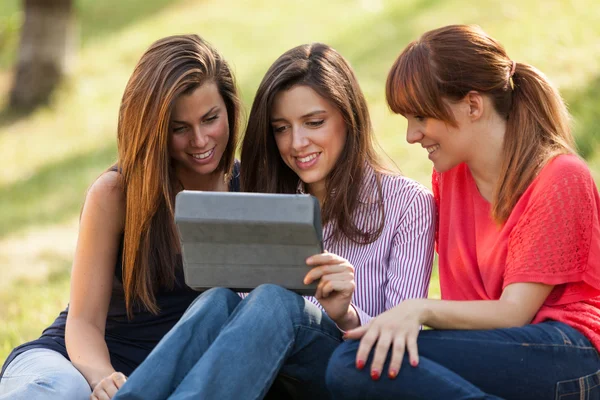 Three woman sitting on grass and looking at a digital tablet Royalty Free Stock Images