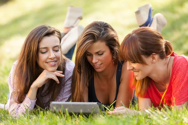 Drei Frauen liegen im Gras und schauen auf ein digitales Tablet — Stockfoto