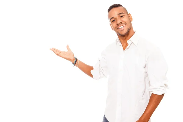 Afro american man is presenting on white background — Stock Photo, Image