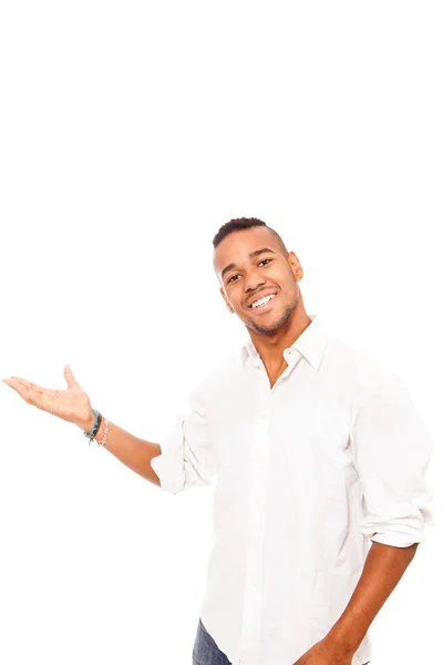 Afro american man is presenting on white background — Stock Photo, Image