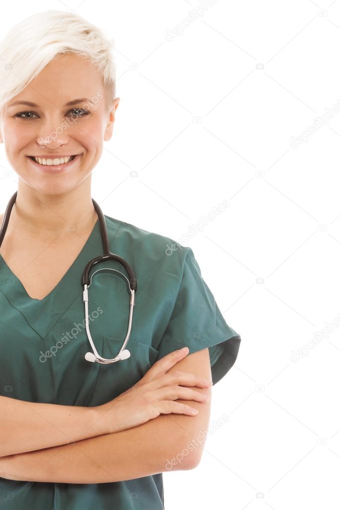 Young blonde surgeon in uniform - isolated