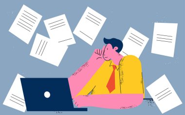 İş işi, iş verimliliği, ofis işi, evrak işleri ve araştırma, yoğun şirket çalışanı, masa başı konsepti düz vektör çizimi tasarımı