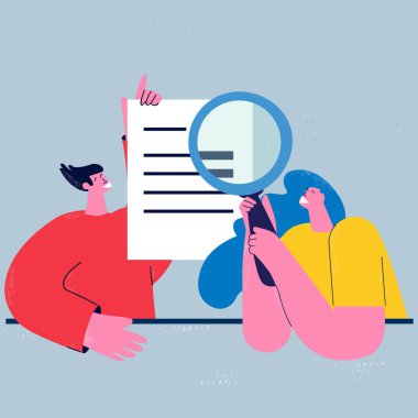 İş raporu denetimi, veri değerlendirmesi, belge teftişi, iş ekibi ofis resmi düz vektör çizimi