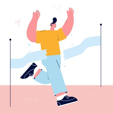 Kazanma ve zafer konsepti, liderlik ve başarı, iş hedefi, kariyer hedefi, profesyonel objektif düz vektör illüstrasyon tasarımına ulaşmak. Bitiş çizgisine ulaşan