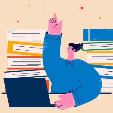 Dizüstü bilgisayar, proje, serbest iş, ofis işi, çevrimiçi iş, eğitim ve öğrenim konsepti üzerinde çalışan bir iş adamı. Dersler, dersler, eğitimler, düz vektör illüstrasyonu