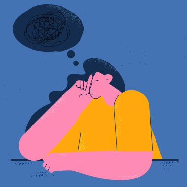 Depresyon, anksiyete sorunları, stres, bunama konsepti düz vektör çizimi. Üzgün, mutsuz ve yorgun kadın düşünüyor, stresli ve hayal kırıklığına uğramış hissediyor.