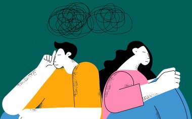 Birkaç sorun, çift terapisi, ilişki ve evlilik sorunları, depresyon ve anksiyete düz vektör çizimi tasarımı. Üzgün, mutsuz ve yorgun kadın ve erkek düşünüyor, kafası karışık