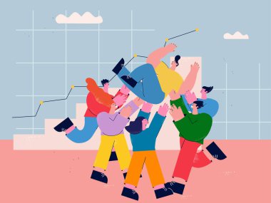 Takım çalışması, arkadaşlık, düz vektör illüstrasyonunu kutlayan neşeli bir grup. İş arkadaşları ve meslektaşları kutlama başarısı