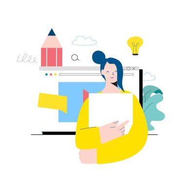 Dijital içerik yönetimi, çevrimiçi içerik oluşturma, mobil ve web grafikleri için çevrimiçi haber düz vektör çizimi tasarımı. Web sitesi optimizasyonu, web içeriği geliştirme kavramı