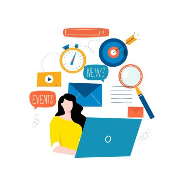 Haber güncelleme, online haber, gazete, haber web sitesi düz vektör çizim. Haber Web sayfası, etkinlikler, etkinlikler, şirket bilgileri ve Duyurular hakkında bilgiler