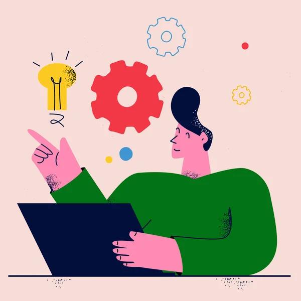 Man Working Laptop Freelance Job Creative Work Online Work Brainstorming — Stock Vector