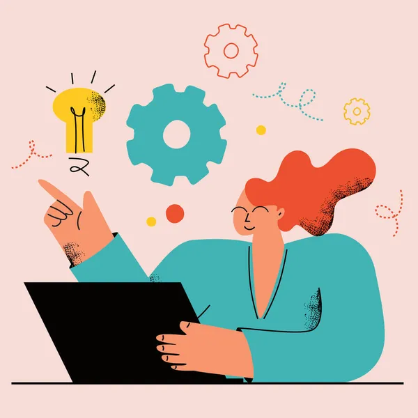 Frau Arbeitet Laptop Freiberuflich Kreativ Online Brainstorming Und Ideen Innovative — Stockvektor
