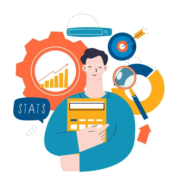 İş istatistiksel veri analizi, SEO, proje yönetimi, mobil ve web grafikleri için piyasa araştırması düz vektör çizimi tasarımı. Mali denetim raporu kavramı