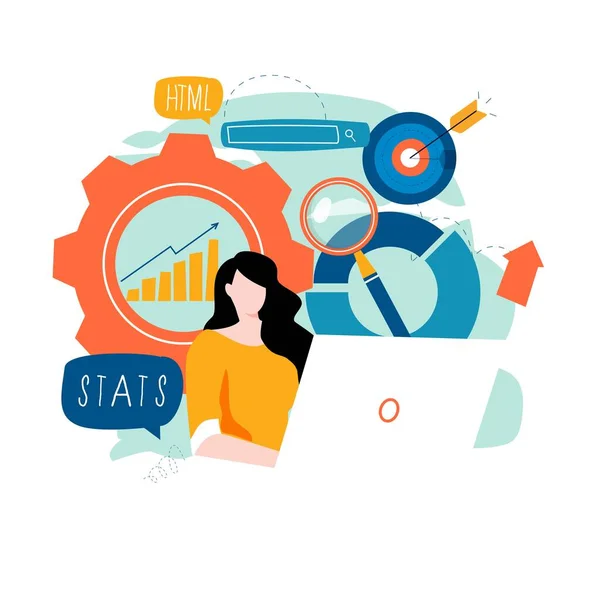 Företagsstatistik Dataanalys Seo Projektledning Marknadsundersökning Platt Vektor Illustration Design För — Stock vektor