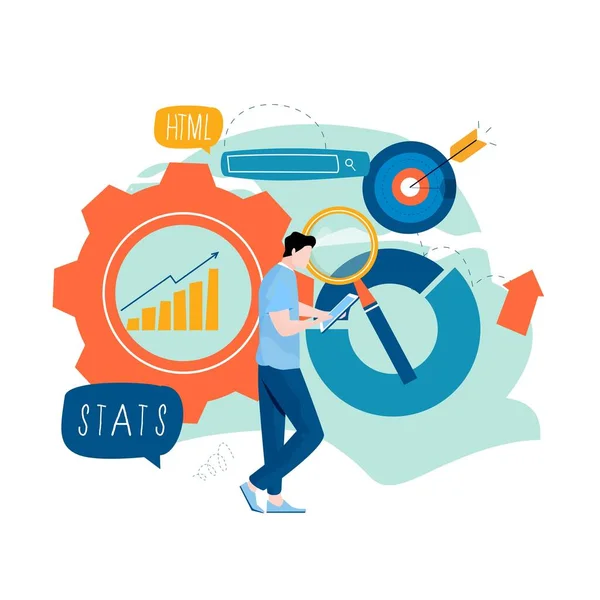Företagsstatistik Dataanalys Seo Projektledning Marknadsundersökning Platt Vektor Illustration Design För — Stock vektor