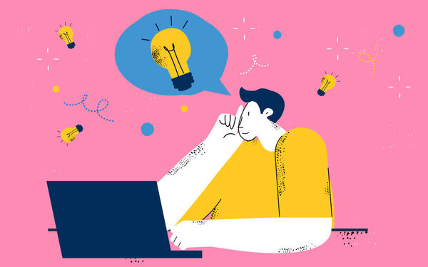 Man working on laptop, freelance job, creative work, online work, brainstorming and ideas, innovative solutions, education and learning concept. Courses, trainings, tutorials, business start concept — Stock Illustration Man Working Laptop Freelance Job Creative Work Online Work Brainstorming — Stock Vector