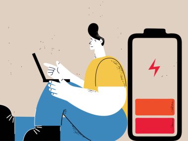 Depresyon, anksiyete sorunları, tükenme, stres konsepti düz vektör çizimi. Üzgün, mutsuz, yorgun ve yorgun düşünen, stresli ve hayal kırıklığına uğramış bir adam.