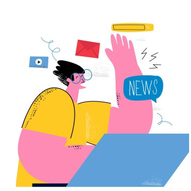 Çalışan bir adamın düz çizimi. İşadamı masasında oturuyor ve dizüstü bilgisayar ve vektör kullanıyor. Serbest meslek, uzak iş, online iş, uzak iş kavramı