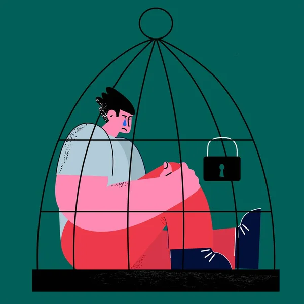 Depresyon Umutsuzluk Bir Adamın Kuş Kafesi Düz Vektör Çiziminde Oturması — Stok Vektör