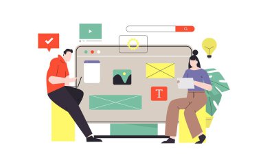 Tasarımcılar sunum yapıyor, yeni proje üzerinde çalışıyorlar. Web tasarımcıları yeni web sitesi, iniş sayfası ya da mobil uygulama prototipi hazırlıyorlar. Takım çalışması konsepti vektör çizimi