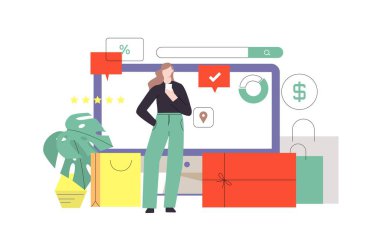 İnternetten kadın alışverişi, sipariş ve dağıtım konsepti, mobil uygulama kullanımı, online vektör illüstrasyonu satın alma ve ödeme. Pankart için e-ticaret ve alışveriş tasarımı, iniş web sayfası, mobil, web grafikleri