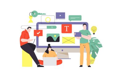 Tasarımcılar sunum yapıyor, yeni proje üzerinde çalışıyorlar. Web tasarımcıları yeni web sitesi, iniş sayfası ya da mobil uygulama prototipi hazırlıyorlar. Takım çalışması konsepti vektör çizimi