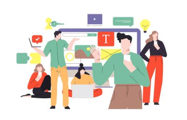 Tasarımcılar sunum yapıyor, yeni proje üzerinde çalışıyorlar. Web tasarımcıları yeni web sitesi, iniş sayfası ya da mobil uygulama prototipi hazırlıyorlar. Takım çalışması konsepti vektör çizimi