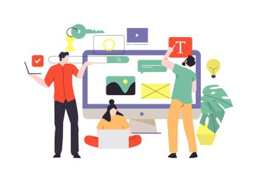 Tasarımcılar sunum yapıyor, yeni proje üzerinde çalışıyorlar. Web tasarımcıları yeni web sitesi, iniş sayfası ya da mobil uygulama prototipi hazırlıyorlar. Takım çalışması konsepti vektör çizimi