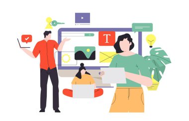 Tasarımcılar sunum yapıyor, yeni proje üzerinde çalışıyorlar. Web tasarımcıları yeni web sitesi, iniş sayfası ya da mobil uygulama prototipi hazırlıyorlar. Takım çalışması konsepti vektör çizimi