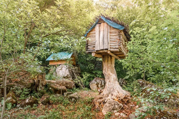 2021年5月21日アルメニアのラスターキャンプ 森の中の鶏の足で馬場ヤガの恐ろしい住居を連想させる神秘的でおとぎ話の木の家 — ストック写真